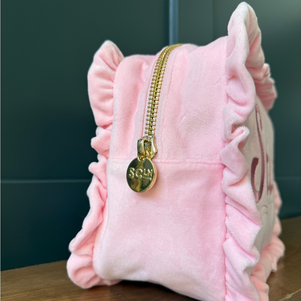 EUC Stoney Clover Lane Pink Velvet Ruffled Large “Stuff” Pouch - Picture 2 of 3